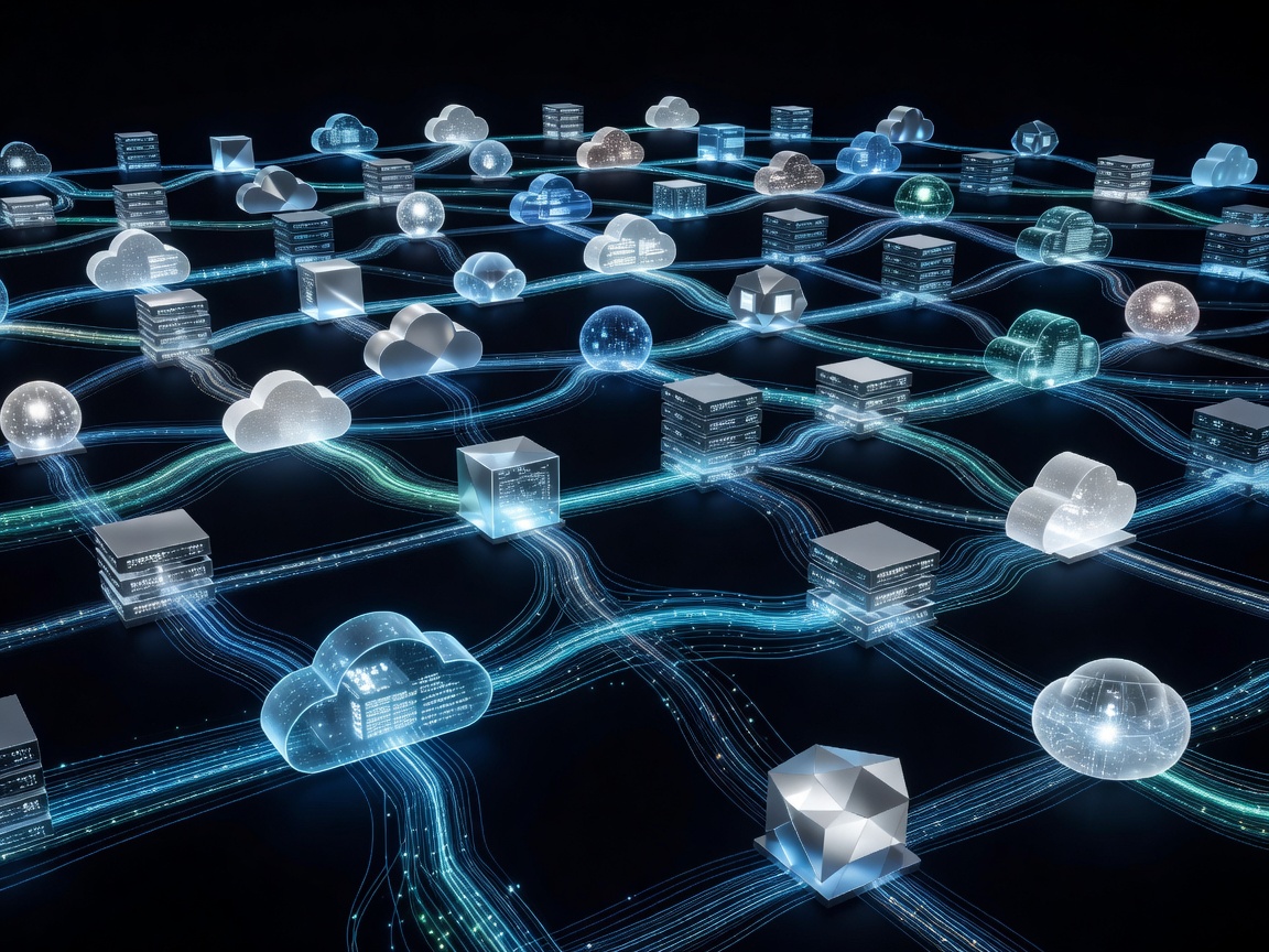 Abstract enterprise cloud infrastructure representation showing interconnected cloud nodes, secure data pathways, and modern server architecture.