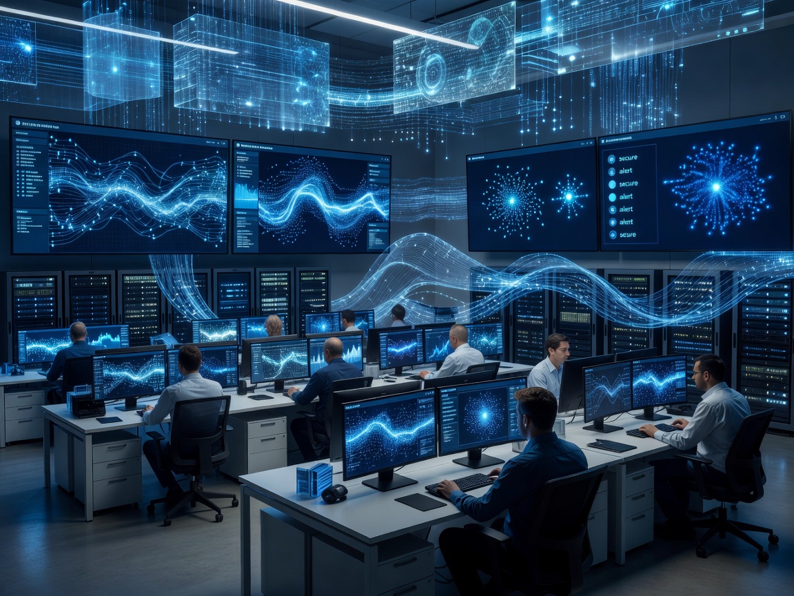 Cybersecurity operations center showing network monitoring dashboards, endpoint telemetry indicators, and layered blue digital architecture.