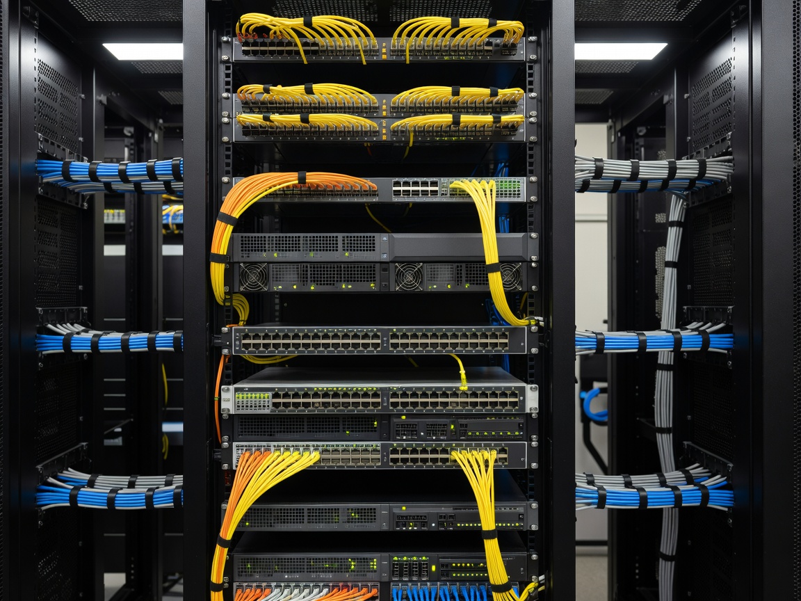 Modern business network infrastructure displaying enterprise switches, fiber patch panels, routers, and structured network pathways.