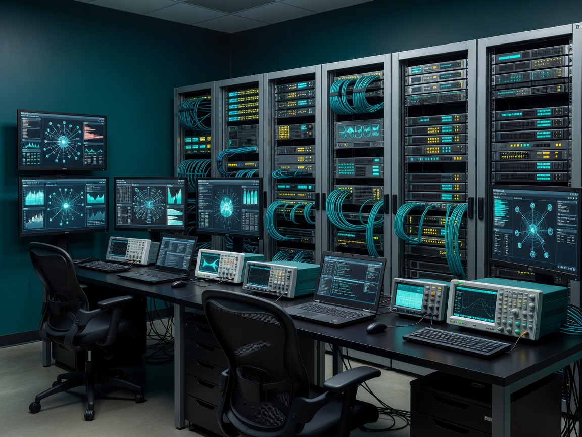 Modern IT operations workspace displaying server infrastructure, diagnostic screens, and professional technical equipment in dark enterprise teal aesthetic.