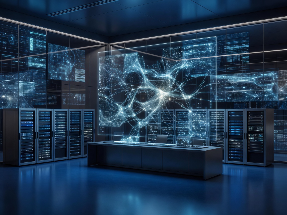 Sophisticated enterprise cybersecurity operations center with abstract network visualization, secure infrastructure racks, and layered digital architecture in deep navy tones.